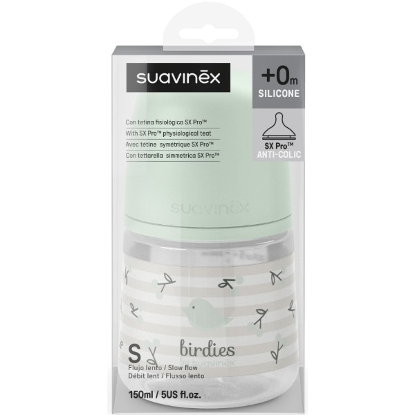 Фото - Бутылочка для кормления Suavinex 150 мл физиологическая соска медленный поток Birdies мятная (309105)